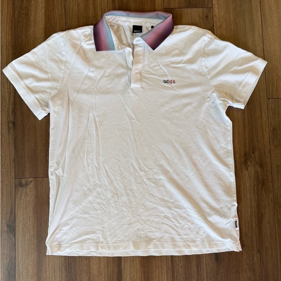 Boss White Polo with Colorful Collar - minor stains in picture - Picture 1 of 6